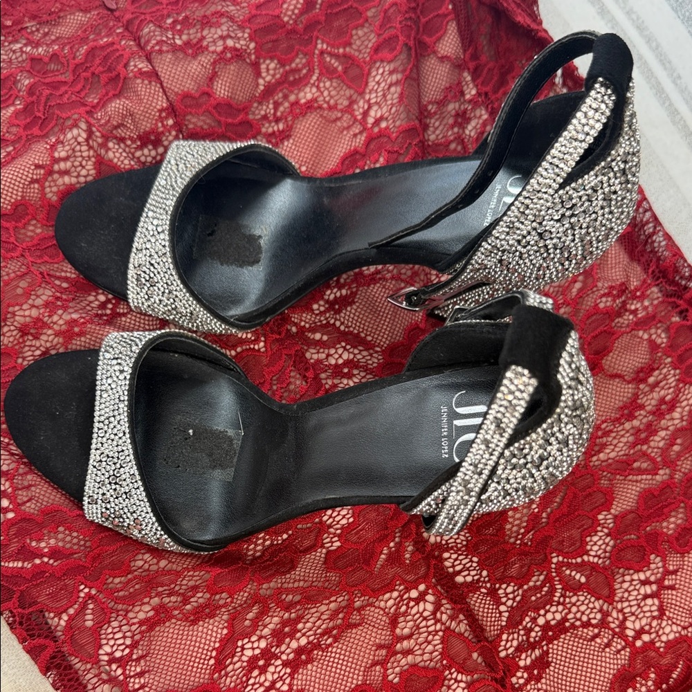 Crystal-Embellished Black Open-Toe Heels with Ankle Strap